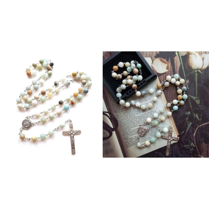 Natural Stone Beads Rosary Necklace Crucifix Cross Pendant Chain Catholic Religious Jewelry for Women Meditatin Gift