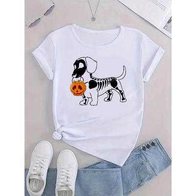 Halloween Skull Puppy Printed T-shirt Loose Short Sleeve Fun Daily Style Ladies Casual Top