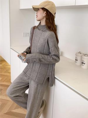 Herbst Winter Gestrickte Zwei Stück Set Trainingsanzug Frauen Pullover Lose Plaid Top Casual Hosen Harajuku Warme Weibliche Feste Kleidung Neue