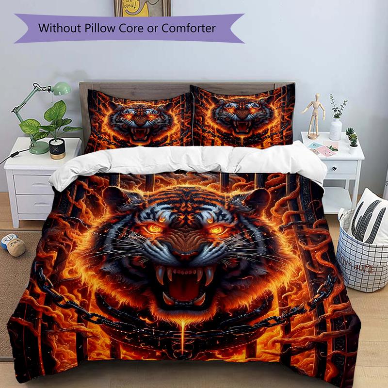 3pcs Flaming Tiger Design Quilt Set Cartoon Themed Bed Quilt Set Lovely Character Bedroom Decor Bed Quilt Set Four Seasons 135x200cm