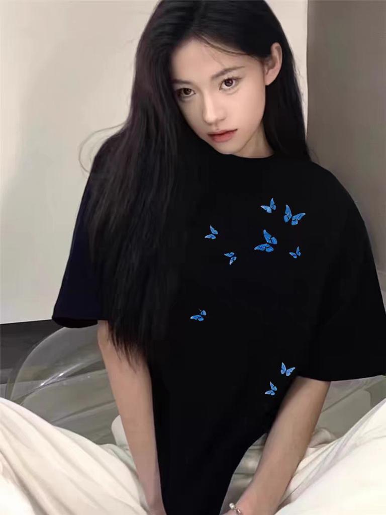 Women's Crew Neck Short Sleeve Cotton T‑Shirt Loose Butterfly Print Casual Basic Top For Summer Student Outfit