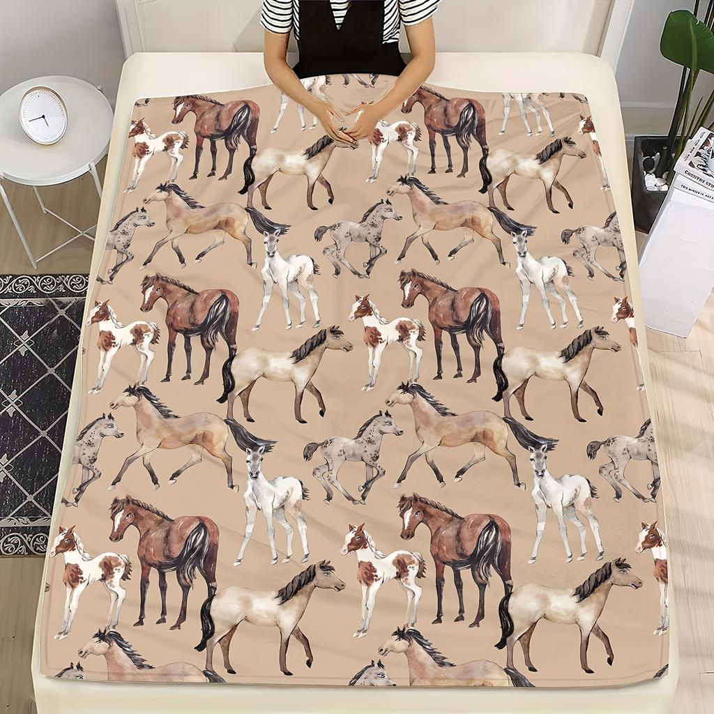 Elegante Pferd & Ranch Muster Kunstdecke - Weich Warm Modern Klassisch Mehrzweck Überwurf für Sofa, Bett, Büro & Reisen