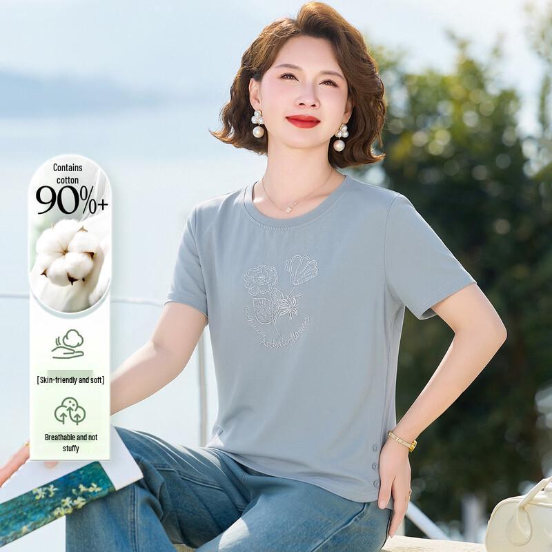 Paster Women s Plus Size Embroidered Cotton Round Neck T-Shirt 3XL синий