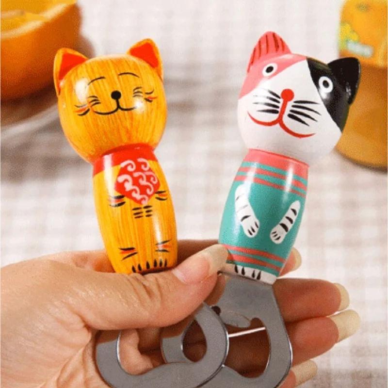 Japanese Creative Balinese Cat Wooden Multifunctional Cartoon Cat Beer Bottle Opener Magnetic Refrigerator Stickers Ornaments