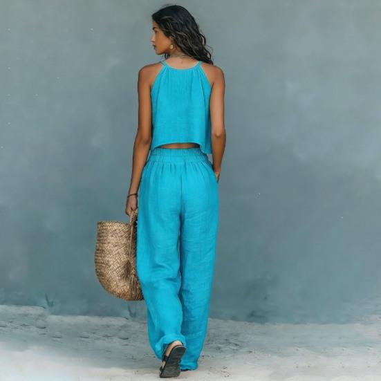 Completi da Donna 2 Pezzi Top Corto Senza Maniche e Pantaloni Lunghi a Gamba Larga Set Coordinati Casual Abbigliamento Estivo per Viaggi Vacanze Relax
