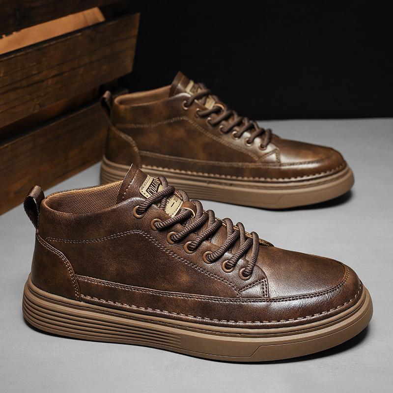 Men's Shoes Autumn and Winter High-top Brown Platform Tooling Board Shoes Men's Mid-top Casual Leather Shoes Retro Martin Short Boots