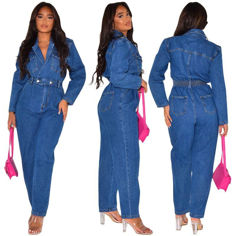 6971 Fashion Style Amazon Wish Women's Clothing Ins Influencer Picks Sexy Suit Collar Denim Jumpsuit In Stock