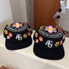 Unisex Embroidered Floral Flat Top Baseball Cap Wide Brim Sun Hat Breathable Cotton Blend Adjustable