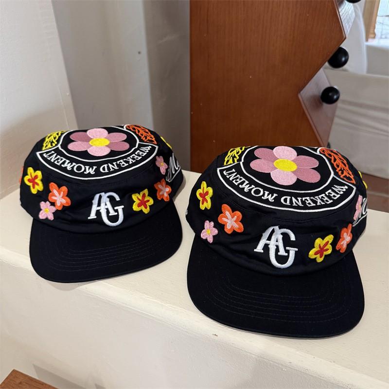 Unisex Embroidered Floral Flat Top Baseball Cap Wide Brim Sun Hat Breathable Cotton Blend Adjustable