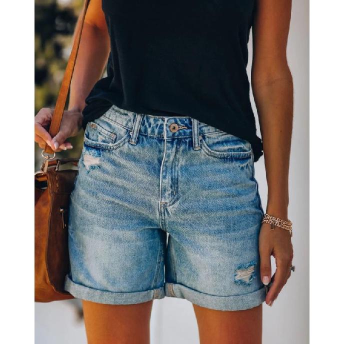 Fashionable high-end women s denim shorts with ripped and distressed details S синий