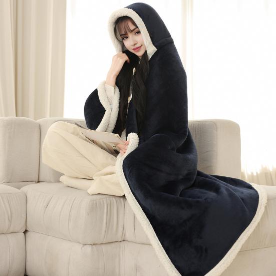 Cape Blanket Plush Hooded Cape with Button Fastening Double-Sided Warmth White Trim Blanket Cape Office Nap Comfort Throw Blanket