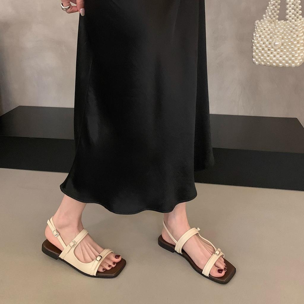 Design Sense One Word Belt Buckle Flat Roman Sandals Women's 2025 Summer New Seaside Vacation with Skirt Beach Shoes