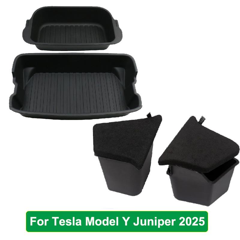 For Tesla New Model Y Juniper 2025 Launch Rear Trunk Double Layer Storage Box & Side Storage TPE Bins Organizer Stowing Tidying