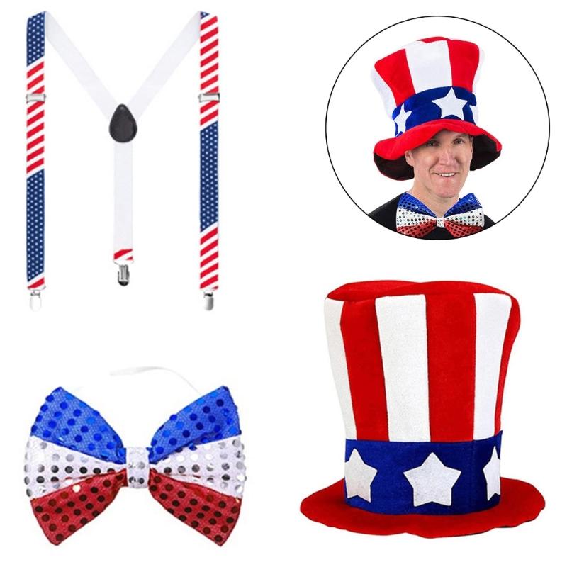 Amerikanische Flaggen Thema Onkel Patriotisches Outfit Zubehör Onkel Patriotisches Verkleidungs Kostüm Beinhaltet Hut Fliege Hosenträger