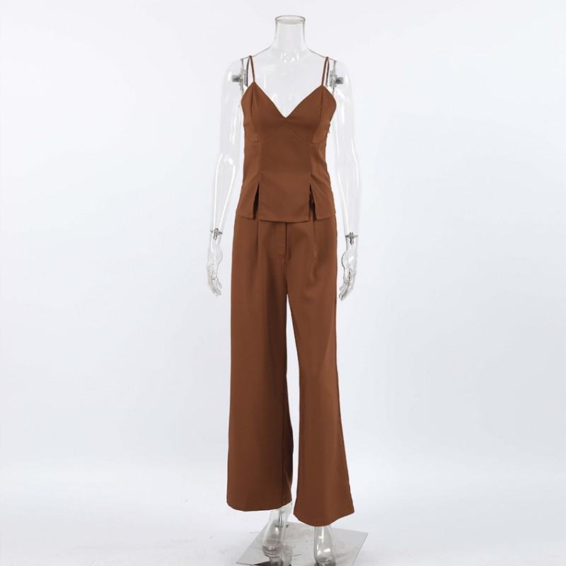Womens Vintage Brown Sleeveless Top Long Pants Set Office Commute 2-Piece Outfit