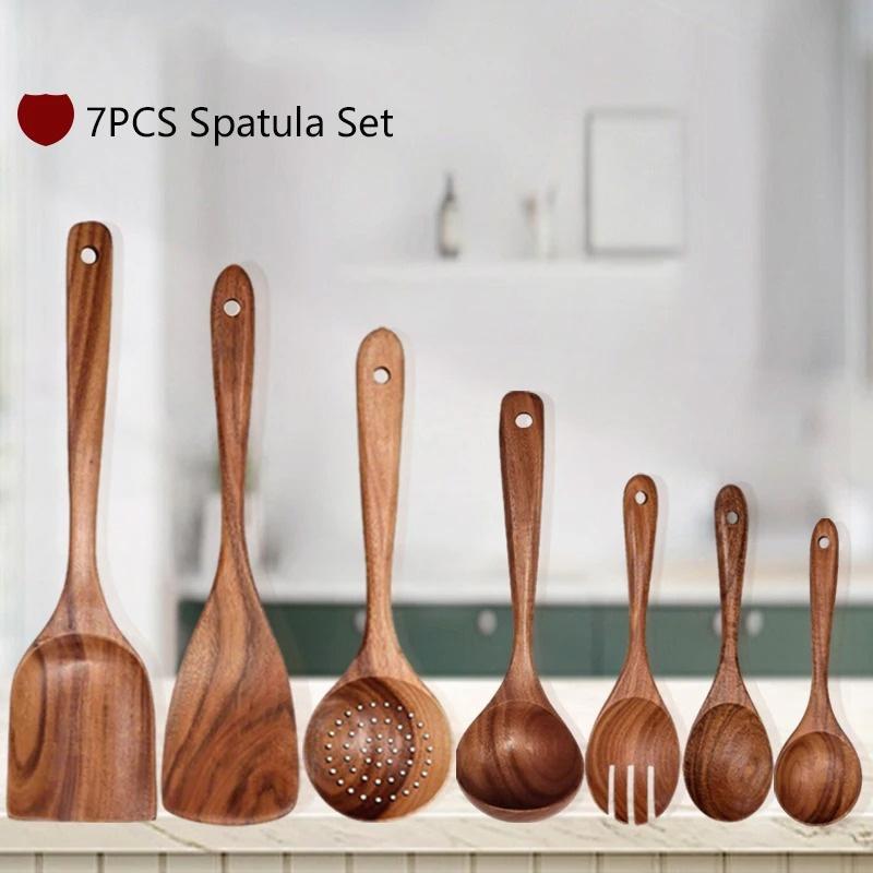 WXCOO Natural Teak Wooden Kitchen Spoons Spatula Set Wood Shovel Scoop Nonstick Cooking Food Shovel Utensil