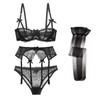 Code Bra and Panties with Garter Belt and Sheer Lace Sexy Lingerie [Sexy 1701] See-through Stockings, 4-Piece Set, (SV307+N007-Black-85D)