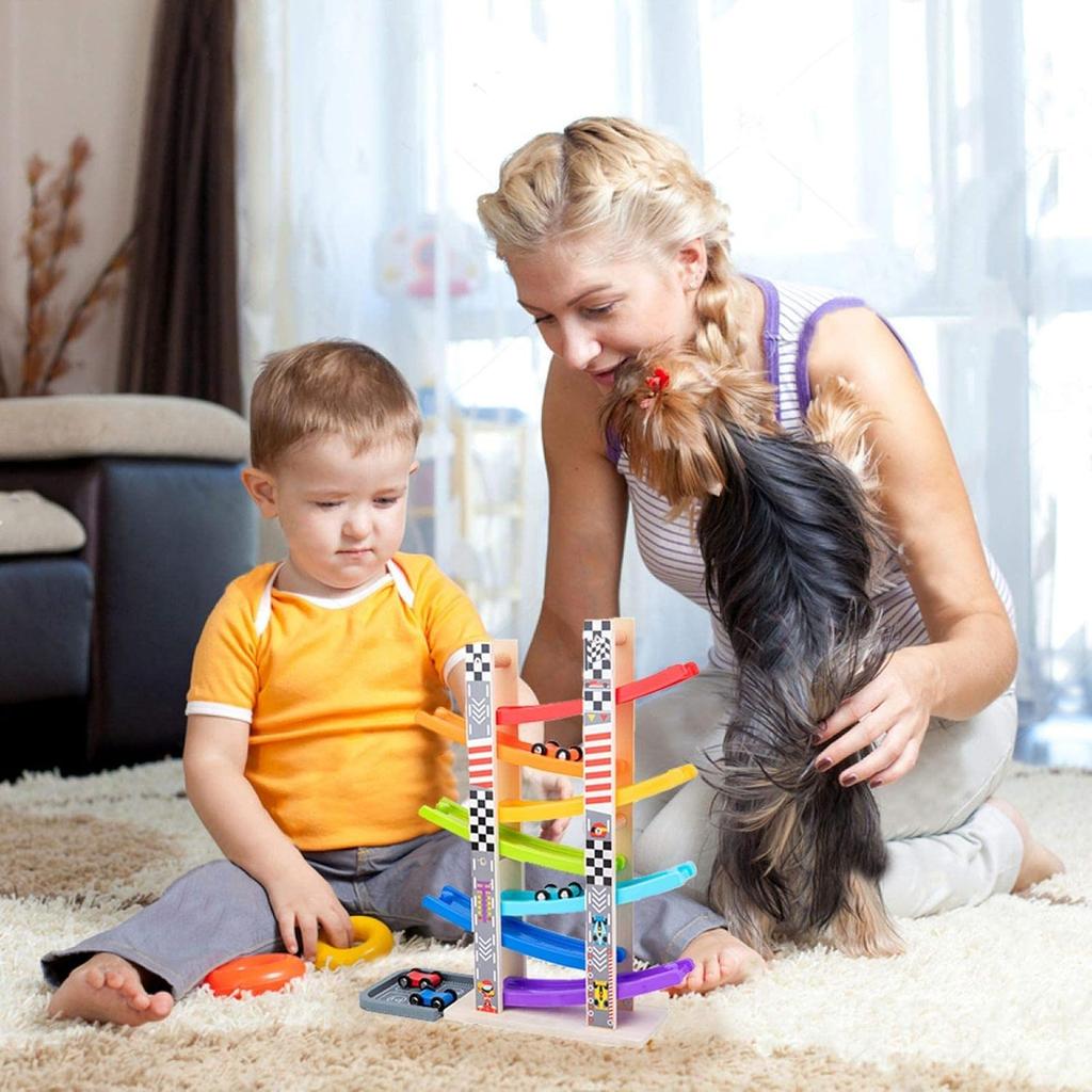 Wood City Kleinkindspielzeug für 1 2 3 Jahre, Holzauto-Rennbahn-Rennfahrer-Spielzeugfahrzeug-Set mit 7 Miniautos & Rennstrecken, Montessori-Spielzeug Bastelgeschenk für