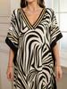 Women's Elegant Zebra Print Kaftan Dress V-Neck Long Sleeve Maxi Caftan Loose Fit Loungewear Gold Trim Beach Resort Evening Q1615-8766