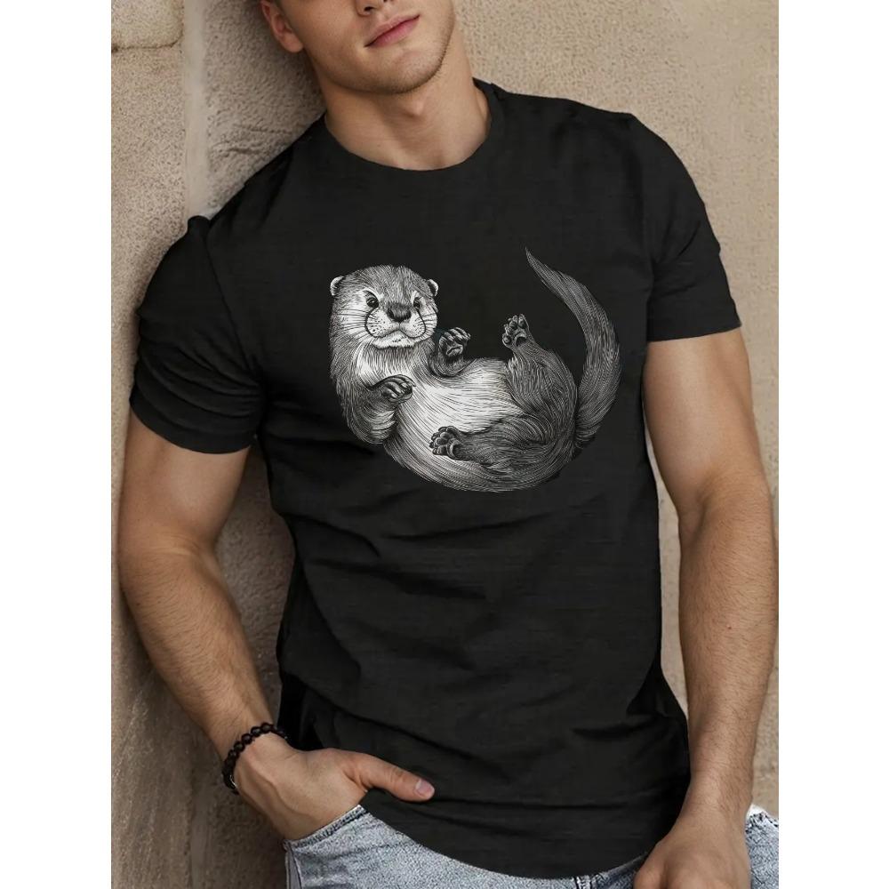

European sizes Men s Playful Otter Graphic Tee - Casual Short Sleeve T-Shirt, Breathable Polyester, Summer Fashion Top 4XL чорний
