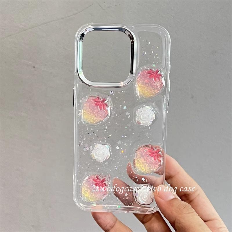 

Gradient Color Strawberry Three-dimensional Flower Phone Case for IPhone16promax Glitter Powder for Apple 17 Sequin Transparent For iPhone 17Promax