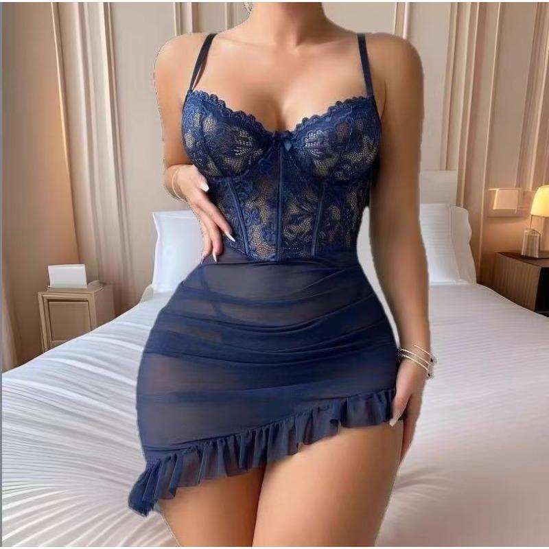 Exquisite Sexy Sleepwear, Transparent Steel Ring Bra Sex Suit Sexy Fairy Lingerie Women's See Through Lace Sleepwear Set