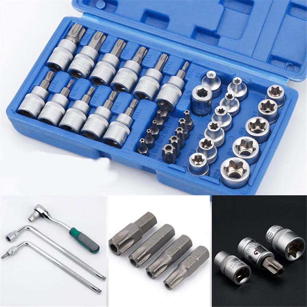 34pcs Torx Bit Socket and E-Torx Star Socket Set 1/4" 3/8" 1/2" Drive Male Female E-torx Security Bits Handheld Tool