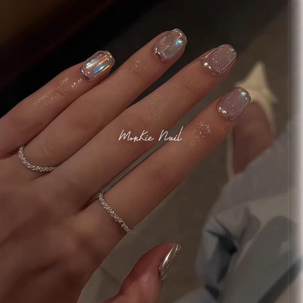 Glitter Medium Square Press On Nails Glossy Reusable Gel Press On Acrylic Fake Nail with Rhinestones Stick On Nails Full Cover Nails for Women