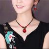 GEMCHIC Women's Vintage Ethnic Red Bean Glass Pendant Necklace Braided Rope Choker Collarbone Chain with Matching Earrings and Bracelet Set