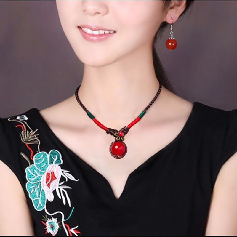 GEMCHIC Women's Vintage Ethnic Red Bean Glass Pendant Necklace Braided Rope Choker Collarbone Chain with Matching Earrings and Bracelet Set