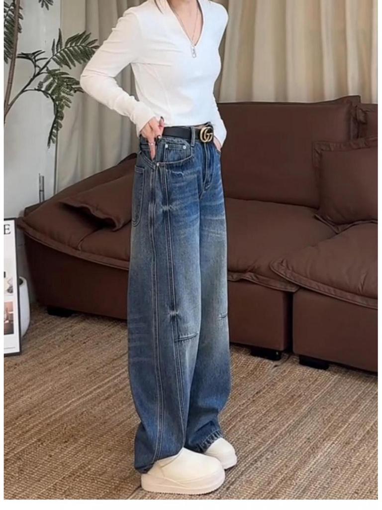 Plus Size Retro Wide-Leg Fleece-Lined Denim Pants for Women - Autumn/Winter