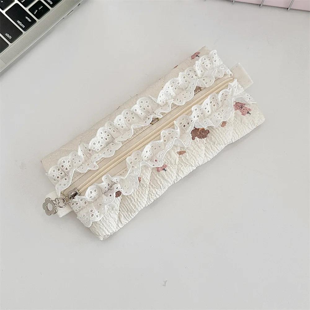 Cute Lace Ruffle Pencil Case for Kids Girl Sweet Cartoon Makeup Brush Organizer Large Capacity Soft Fabric Stationery Storage
