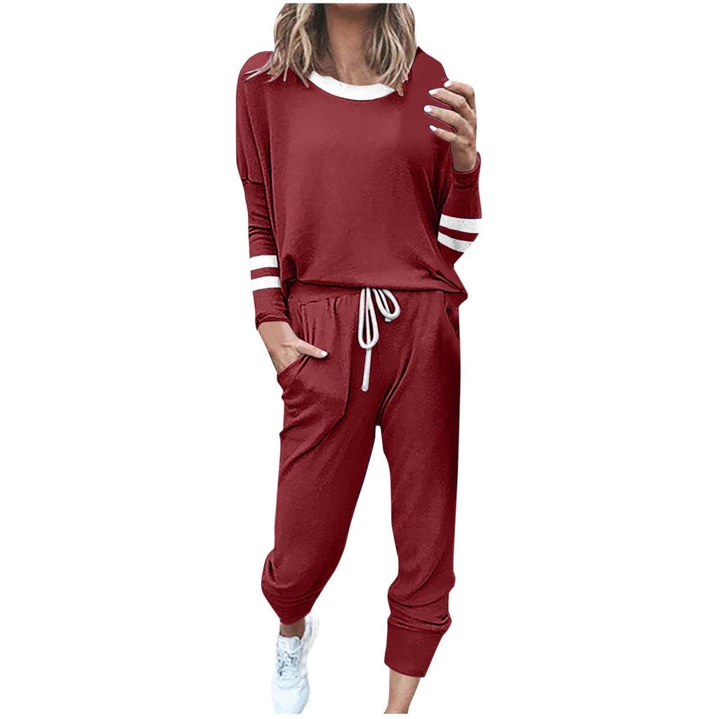 Women's Color Block Striped Long Sleeve Crew Neck Top + Pants Set