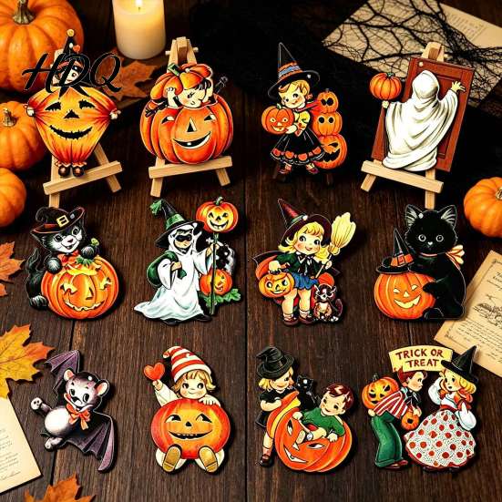 Retro Cartoon Style Party Favors Halloween Wooden Pendants with Lanyard Vintage Hanging Ornaments Pumpkin Ghost Black Bulk Decorations for Events Cat