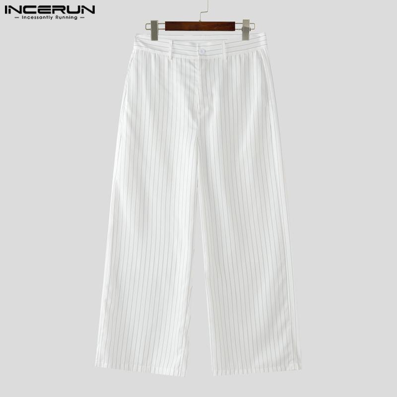 INCERUN Men Zip-up Waist Striped Casual Long Trousers Pants