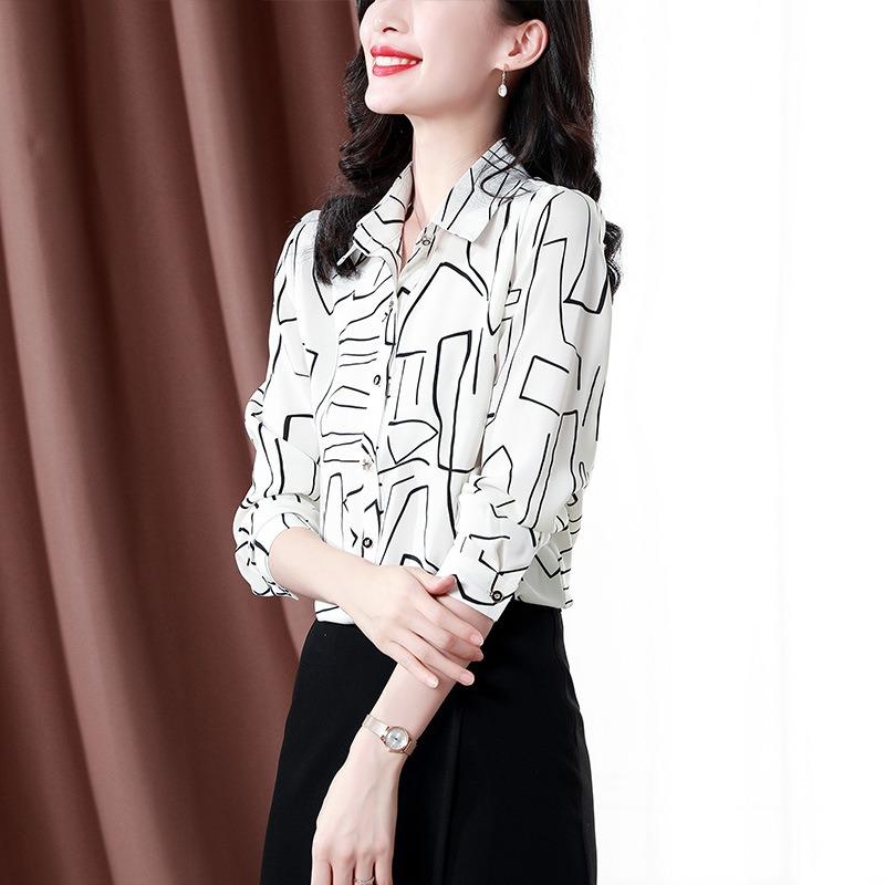 Damen Frühlings Weiß Schwarz Geometrischer Druck Hemd Revers Langarm Satin Arbeits Oberteil