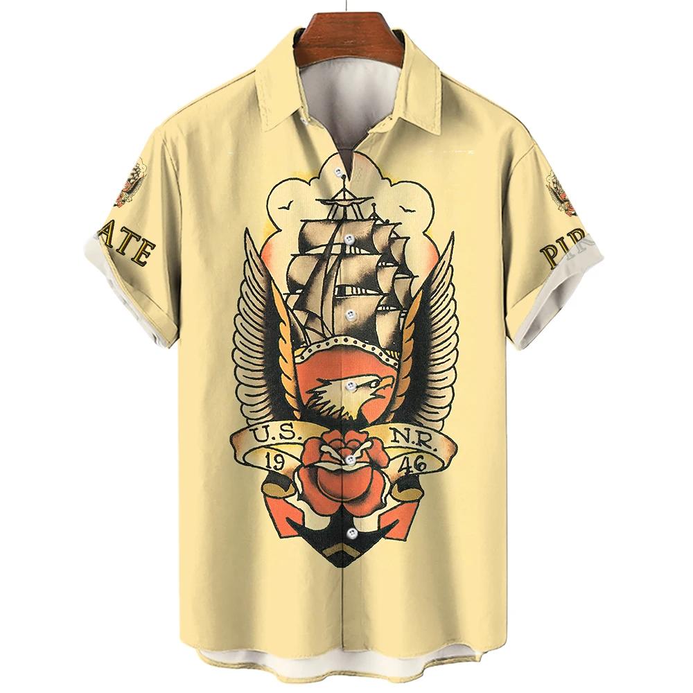 3D Retro Digital Printed Men's Lapel Short Sleeved Shirt
