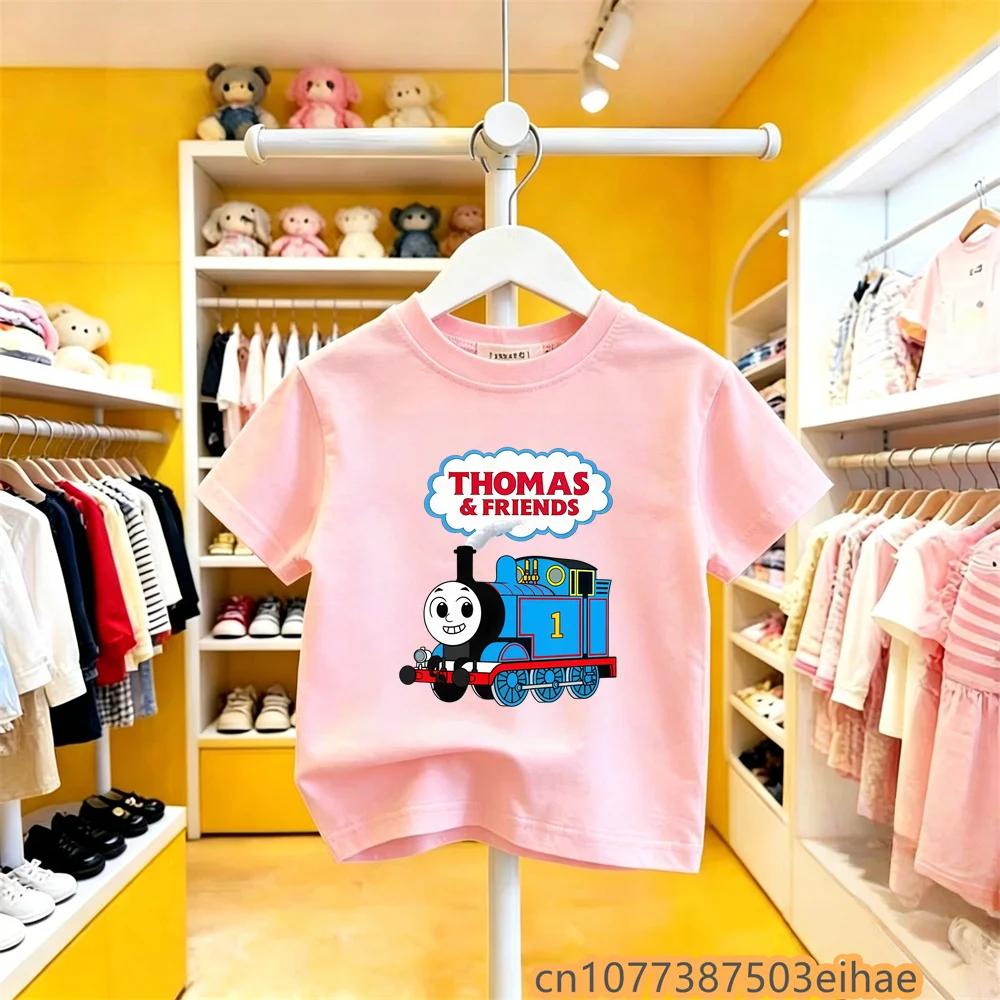 Kids Summer Tshirt Thomas Train Cartoon Print Short Sleeve Pure Y2K Cute Fun Trendy Design Soft Breathable Wear for Boys Girls