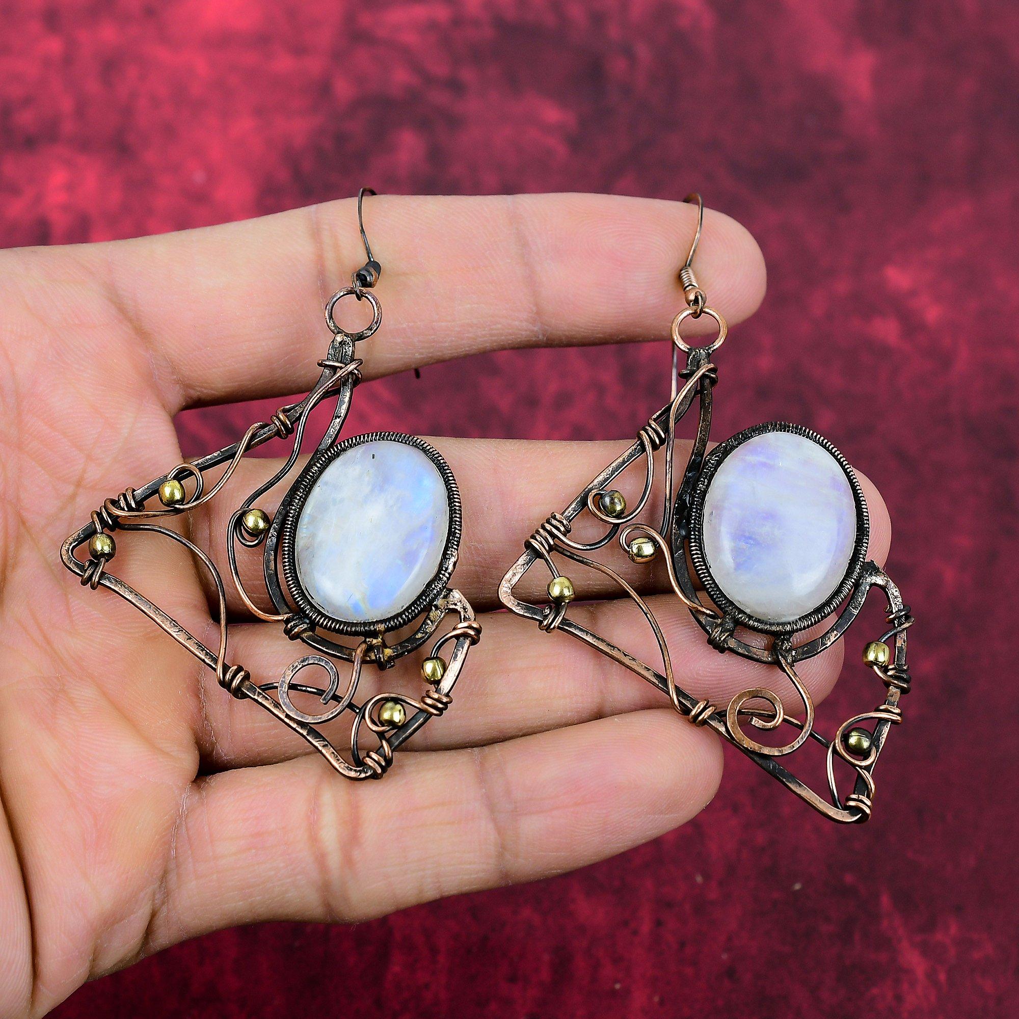 Rainbow Moonstone Earring Copper Wire Wrapped Earrings Handmade Jewelry Natural Gemstone Earring Beautiful Copper Jewelry Anniversary Gifts