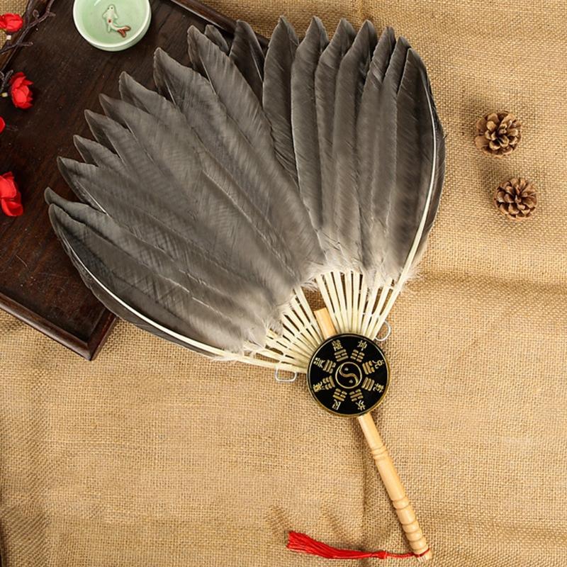 Vintage Chinese Fan Gooses Feather Wedding Party Fan Dance Feather Hand Fan Photograph Props Wood Craft Decorations Fan