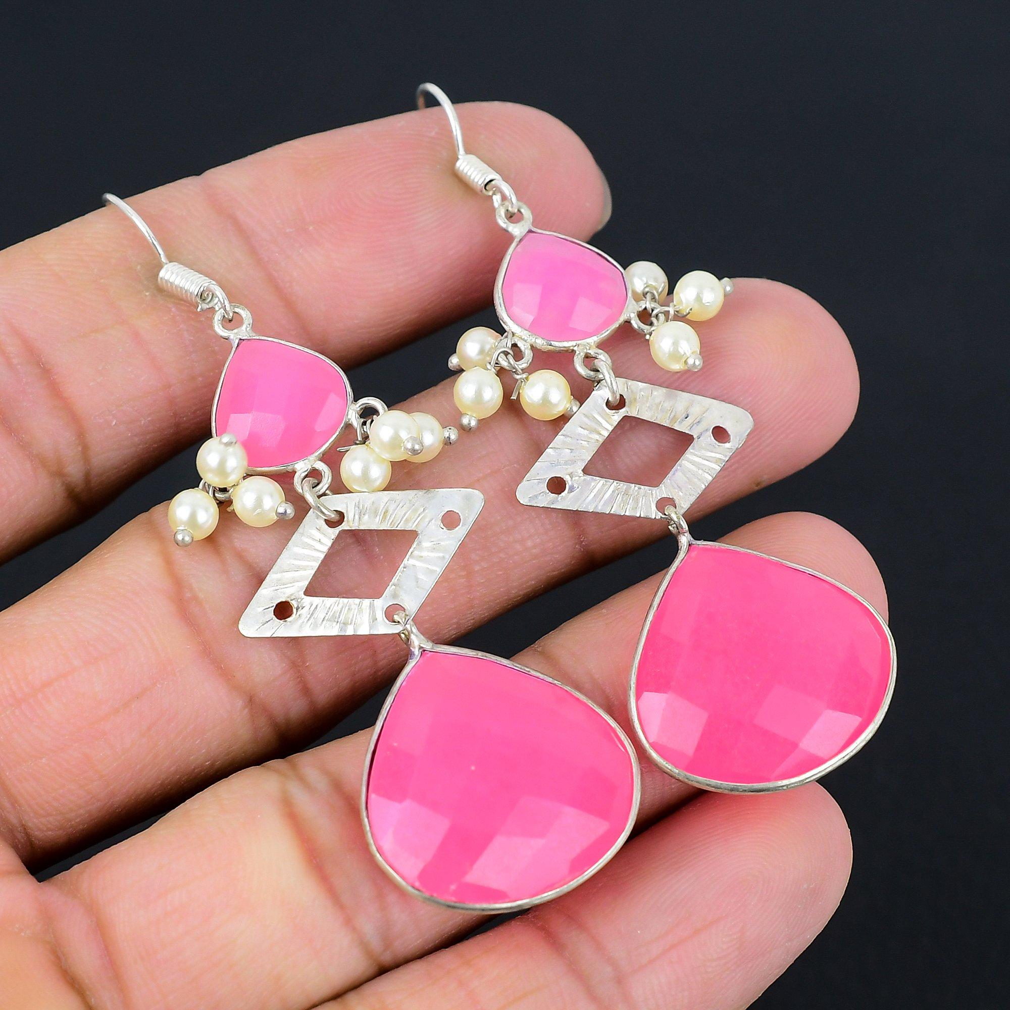 

Sisters Day Deal 925 Silver Pink Chalcedony Stone Drop Dangle Earrings Jewelry