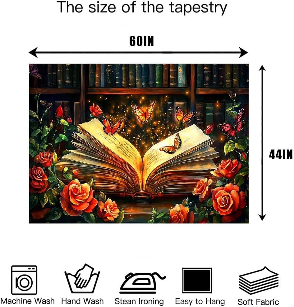 Butterfly Bookshelf Tapestry Flower Tapestries Magic Book and Red Roses Reading Concept Library Reading Room Bedroom Decoration