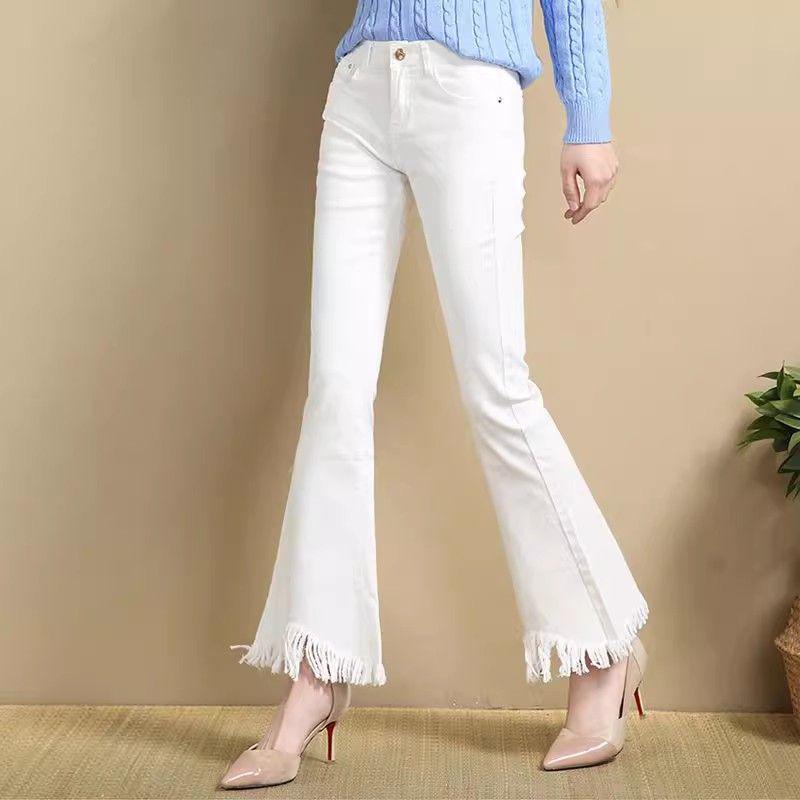 

Women s White High-Waisted Micro Flare Jeans with Tassels - Ripped, Elastic, Slimming, Nine-Point Summer Bell Bottoms Size 26 [Recommended 80-90 lbs]