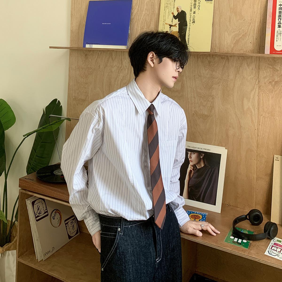 Spring and autumn striped shirt for men, long-sleeved, loose-fitting, Japanese retro style, high-end casual college DK shirt M белый