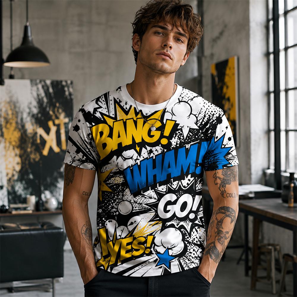 Comic Graphic Print T Shirt For Men Short Sleeve Leisure Streetwear Colorful Pop Art Design Hip Hop Street New Trend Tee Top