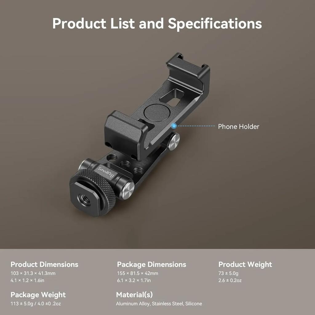 SmallRig Metal Phone Holder with Cold Shoe Mount Phone Support for DJI RS 3 /RS 3 Pro/ RS 3 Mini /RS 4Pro/RS 4 w Cold Shoe 4382