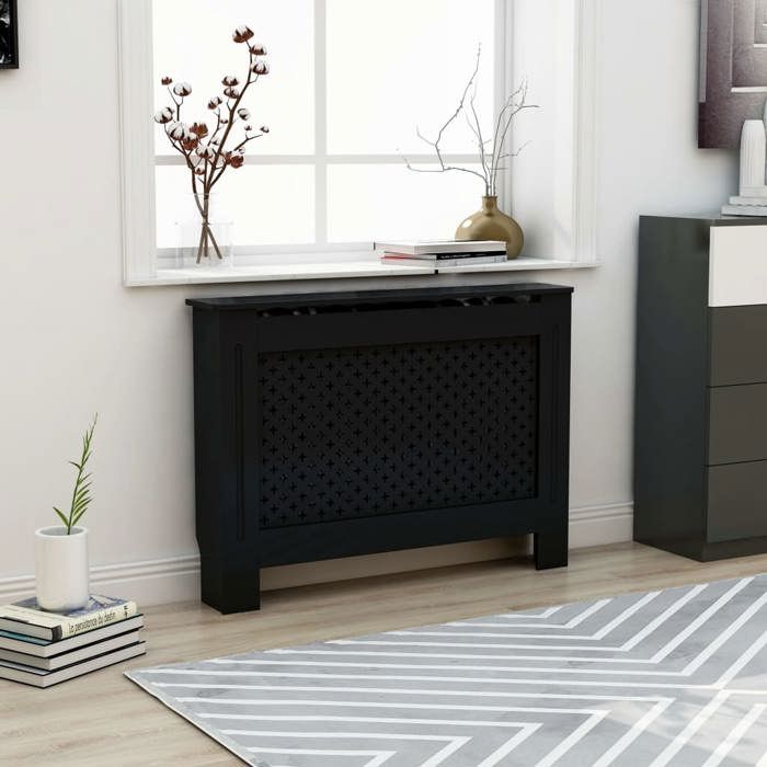 Black Radiator Cover - VidaXL - 112x19x81 Cm - MDF - Storage Space for Books and Ornaments