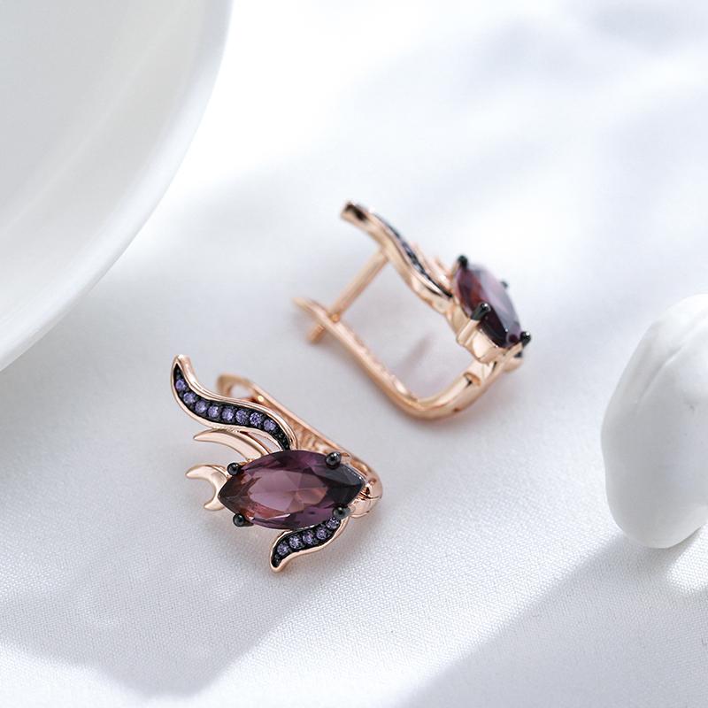Purple Natural Zircon English Earrings For Women Unique  Rose Gold And Black Plating Vintage Wedding Jewelry