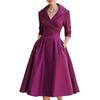 Women Elegant Formal Midi Dress, Lapel Collar 3/4 Sleeve Wrap V‑Neck Dress, High Waist Pleated A‑Line Swing Dress With Pockets For Wedding Guest Party