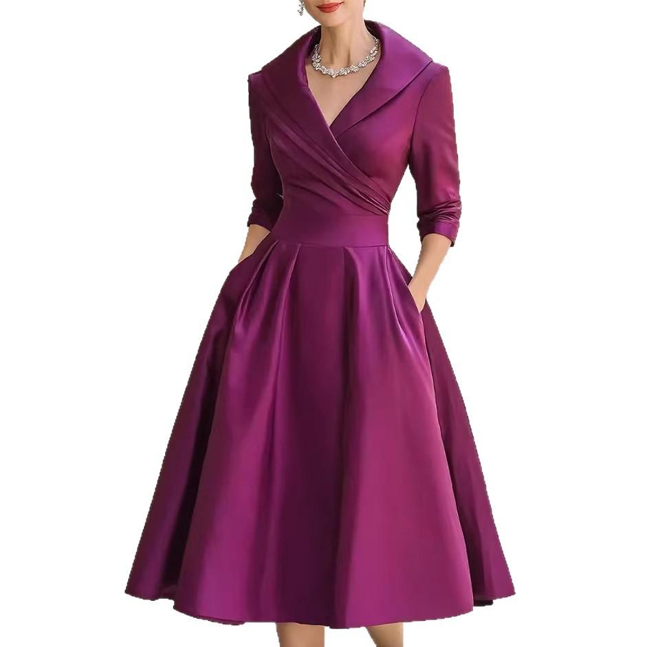 Women Elegant Formal Midi Dress, Lapel Collar 3/4 Sleeve Wrap V‑Neck Dress, High Waist Pleated A‑Line Swing Dress With Pockets For Wedding Guest Party